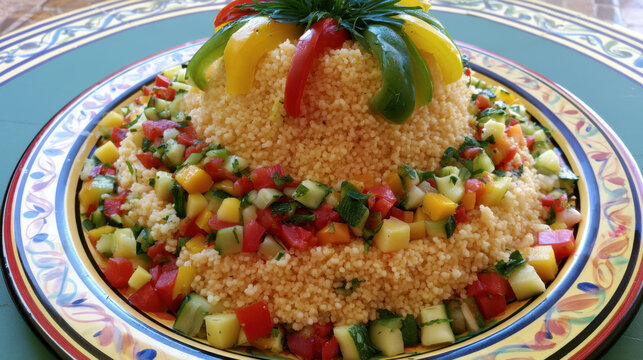 transparent couscous mountain with vegetable mosaic