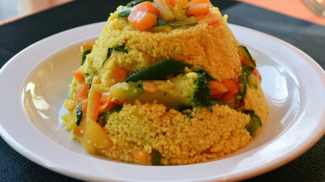 couscous mountain with vibrant vegetable mosaic