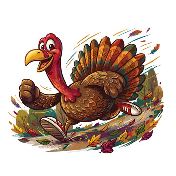 Cartoon Turkey Running a Thanksgiving Turkey Trot, illustration on White Background