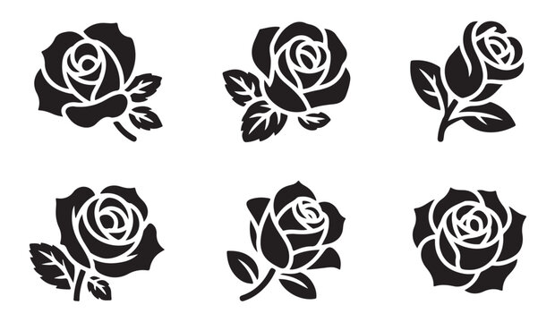Minimalist black rose stencil vector silhouettes set with detailed leaves for elegant vintage pattern designs.