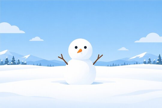 雪原の中央に立つシンプルな雪だるま
