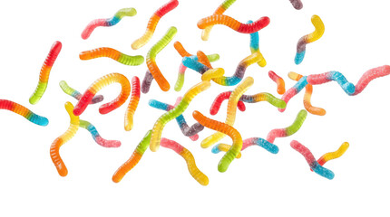 Fototapeta premium Falling gummy worms isolated on PNG transparent background
