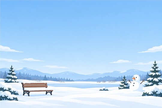 ベンチと雪だるまのある冬の公園風景