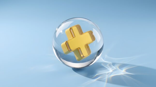 Golden Plus Sign Symbol Encased in a Transparent Sphere on a Light Blue Background with Reflected Light Patterns