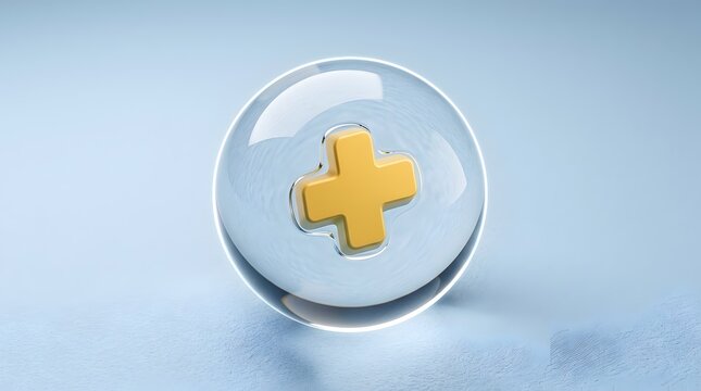 Abstract golden plus sign symbol inside a clear glass sphere on a light blue textured background concept of addition positive or health