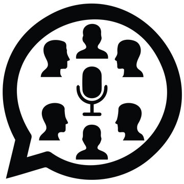 Podcast group discussion silhouette vector inside chat bubble for audio communication apps.