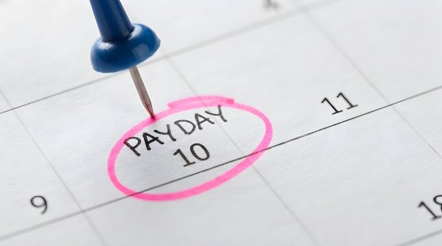 Close up of a calendar page with the word PAYDAY and the number 10 circled in pink and a blue pushpin marking the date symbolizing financial planning and anticipation.