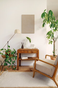 Living room interior with wooden furniture and green plants