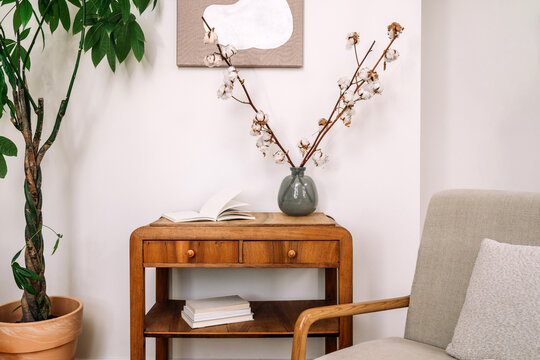 Living room with wooden cabinet, armchair, and decorative plants