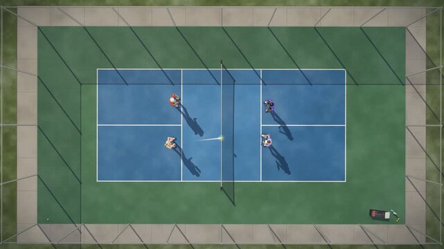 Pickleball Doubles Rally Top Down Drone View With Ball Tracer Seamless Loop