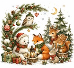 Fototapeta premium Cute woodland animals celebrate Christmas in snowy forest