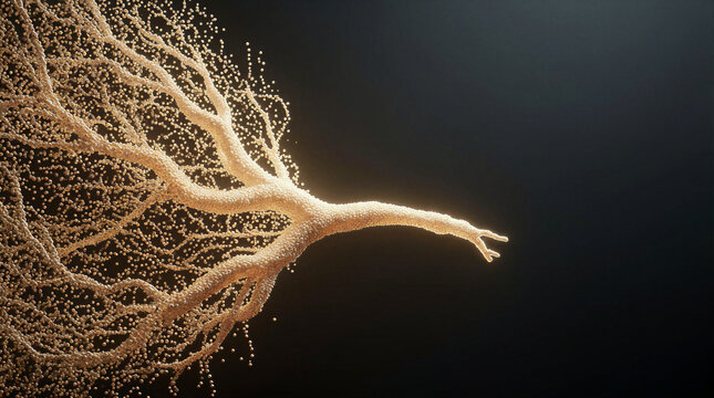 Particle swarm forming luminous organic root structure in dark background space