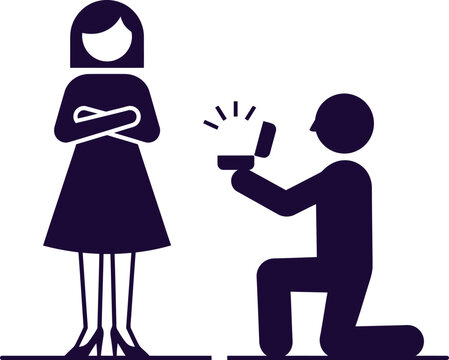 Man proposing marriage to a woman with a ring box icon symbol