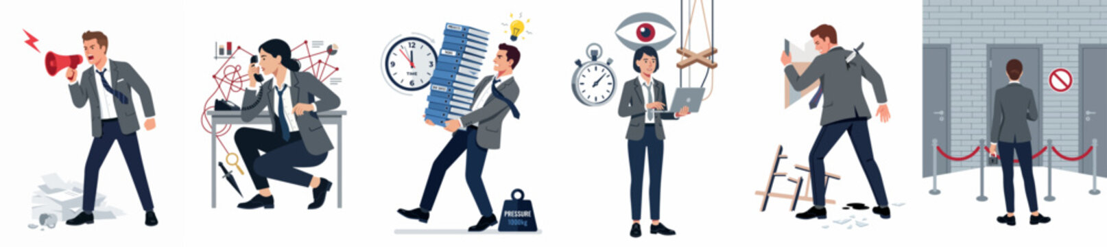 Set of flat illustrations depicting toxic work environments, including an angry boss, micromanagement, heavy workloads, office stress, and professional backstabbing scenarios.