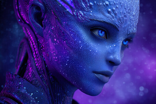 fantasy art, face of spiritual alien woman in three quarter view with glittering purple cheek, photorealistic