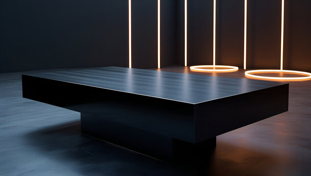 Minimalist black obsidian product table with neon lines luxury halloween background banner