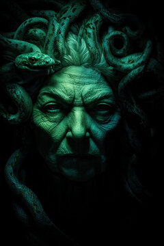 fantasy art, medusa with green face and writhing snakes around head against black background, photorealistic