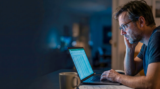 Tired male professional working late on a laptop, showing concentration and mental exhaustion while dealing with demanding remote work