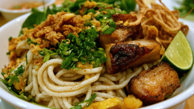 transparent cao lau noodles with charcoal background