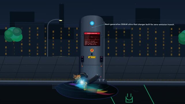 Educational animation illustrating the epidemic of copper theft at public EV charging stations, showing a severed cable sparking after being cut for scrap metal, with diagnostic screen warnings