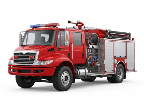 Red and white fire truck with firefighting equipment