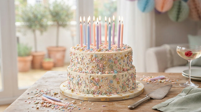 Elegant Two Tier Birthday Cake Decorated with Pastel Sprinkles and Burning Candles