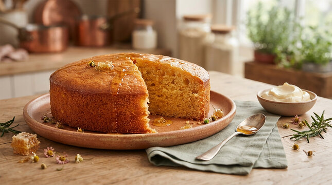Freshly Baked Honey Sponge Cake with Drizzled Golden Honey and Herbal Garnish