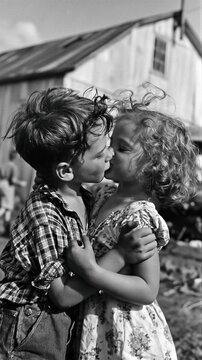 A black and white photograph capturing a tender moment between two young children.