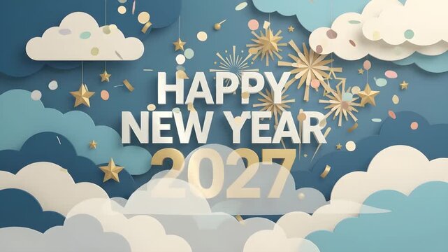 Happy New Year 2027 banner or party invitation background with clouds, bats and pumpkins in paper cut style. Paper style illustration. Full moon in orange sky, spiders web 4k video resolution