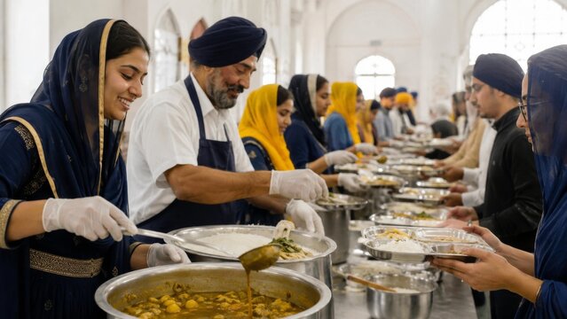 Sikh volunteers serving free vegetarian langar food to people in a gurdwara during Guru Nanak Jayanti festival, community kitchen seva service