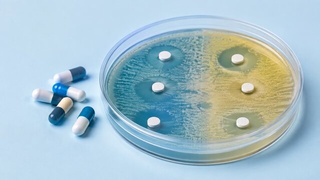Petri dish with bacterial culture and antibiotic sensitivity testing inhibition zones surrounded by capsules and pills on blue background, antimicrobial resistance awareness concept