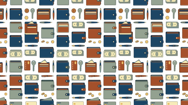 Seamless pattern background of wallets, credit cards and coins.