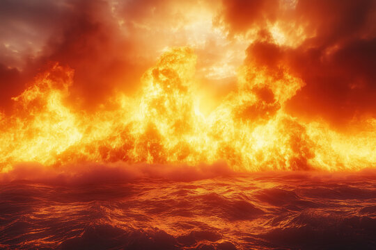 fantasy fire, enormous blazing wave rising from molten orange sea, photorealistic