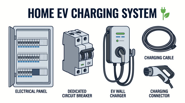 Very beautiful realistic vector set featuring residential EV wall charger, charging cable, dedicated circuit breaker, electrical panel and charging connector, centered label "HOME EV CHARGING SYSTEM",