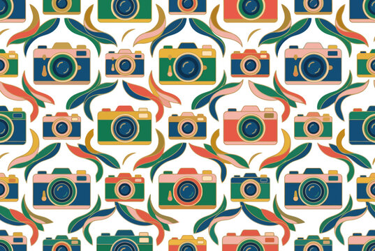 Vintage camera pattern with stylized colorful leaves.