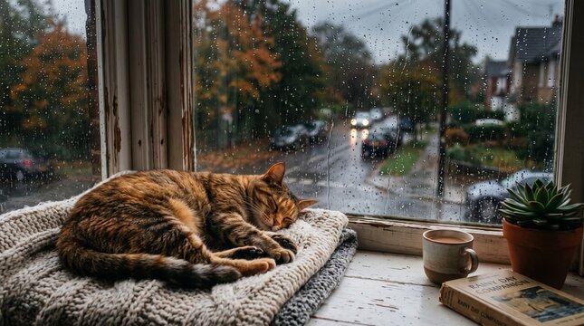 Cozy Cat Nap on Rainy Day: A tabby cat slumbers peacefully on a plush blanket by a window, while rain streaks down the glass, blurring the view of a quaint street scene and autumn foliage.