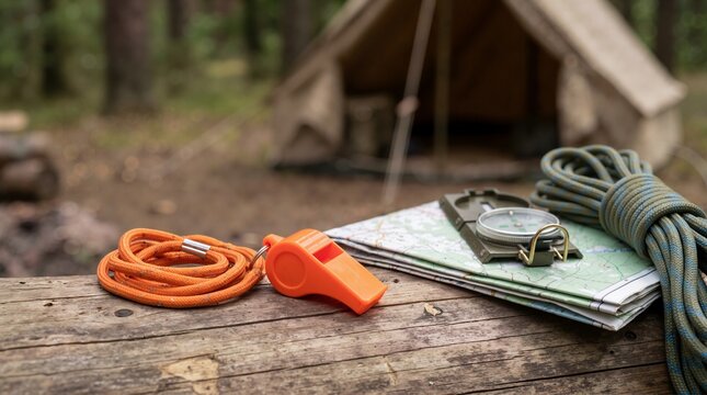 Emergency survival whistle on orange lanyard placed beside compass and map on log. Outdoor hiking, camping safety, and navigation equipment in forest