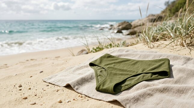 Olive green high waisted bikini bottom laid out on a towel at a sandy beach. Summer swimwear and resort vacation apparel concept