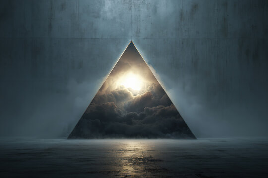 fantasy landscape with dark pyramid and glowing eye shaped cloud center reflected in still water, photorealistic