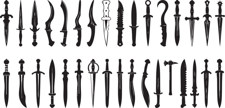 Collection of various knife and dagger silhouettes for game design