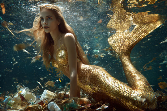 fantasy mermaid in waste water with blonde hair and golden fishtail resting on hands with tail raised behind, photorealistic