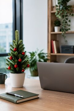 Small potted Christmas tree decorated with red baubles on an office desk. Workspace holiday decor beside laptop and notebook