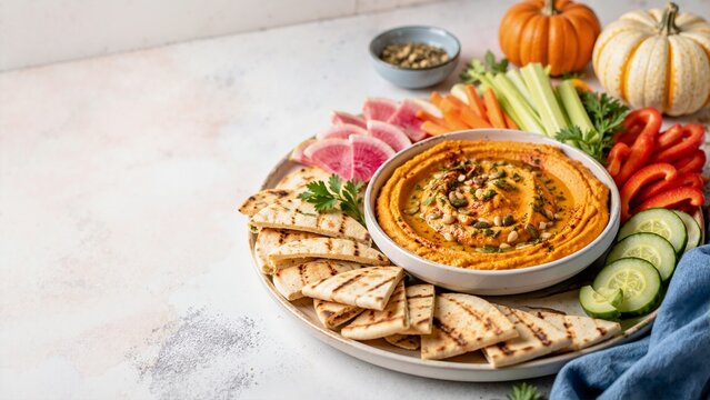 Savory pumpkin hummus dip platter with pita bread and fresh sliced vegetables. Autumn appetizer board with roasted seeds and copy space