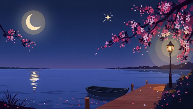 Digital illustration of a tranquil night landscape with a wooden pier, boat, moon, and blooming cherry blossoms