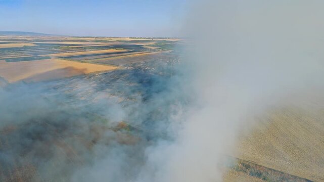 Aerial view of smoke rising from agricultural fields during a controlled burn on farmland in Serbia.