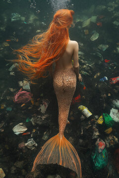 fantasy mermaid in waste water with long red hair and  waving fishtail, back view, facing underwater pollution, garbage, trash, plastic waste in the ocean, photorealistic