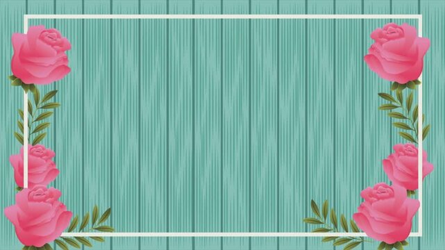 Beautiful floral border frame, elegant pink rose flowers, teal wooden background, copy space, nature decoration, romantic invitation background, natural floral arrangement design.