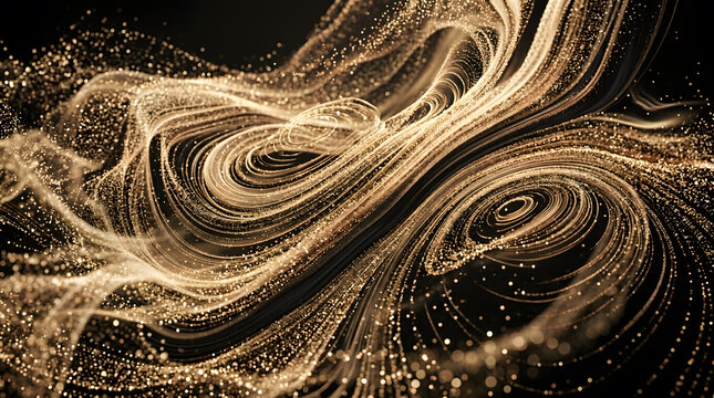 Golden spiral particle galaxy and vortex. Cosmic luxury energy and particle flow concept. Swirling luminous glitter threads twisting in dark cosmic space