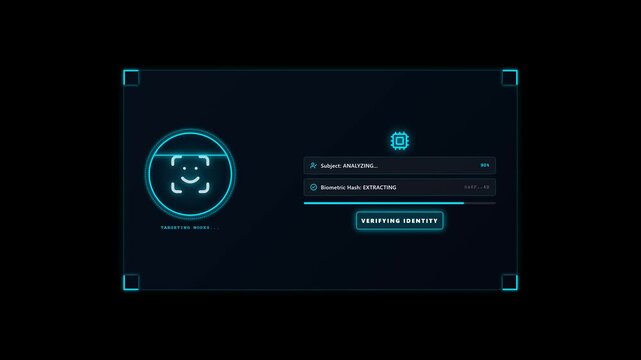 Biometric face scan animation with access granted HUD interface