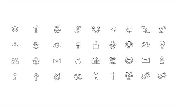 Charity hands and donation vector line icons set with editable stroke. Non profit, friendship, help, and aid symbol icon bundle.